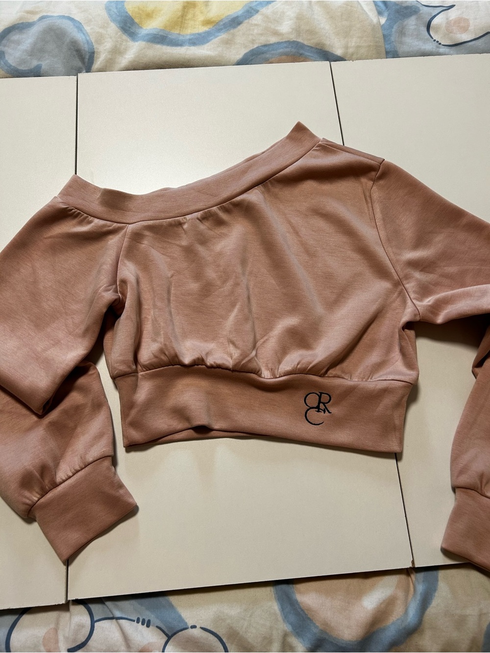 Cropped Off-Shoulder Pink-Tan Sweatshirt with Logo
